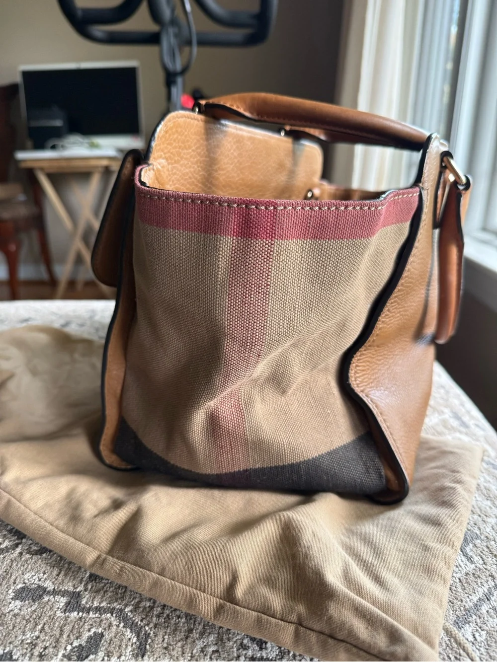 Burberry Brown Leather Buckle-Front Top-Handle Briefcase with Canvas Sides